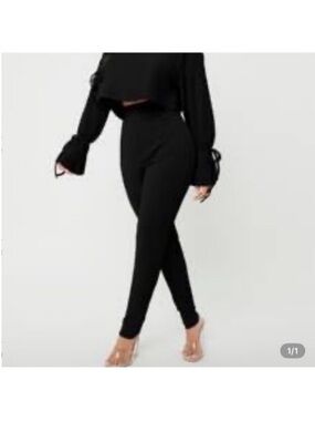 High-Waist Black Stretch Pants and bell sleeve crop top